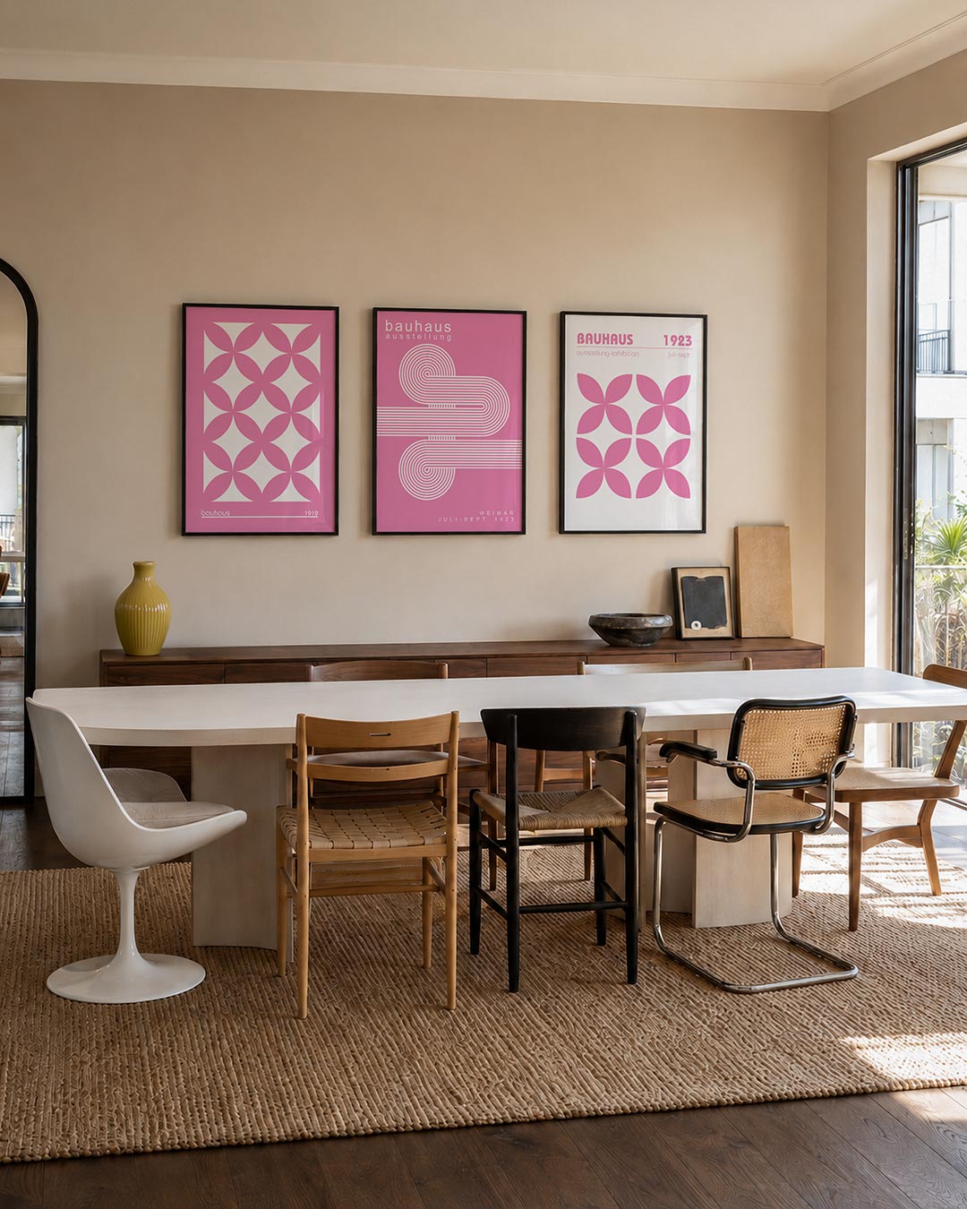 Roze cirkelpatroon driedelige posterset – deze posterset in drie delen toont een herhalend patroon van roze cirkelsegmenten