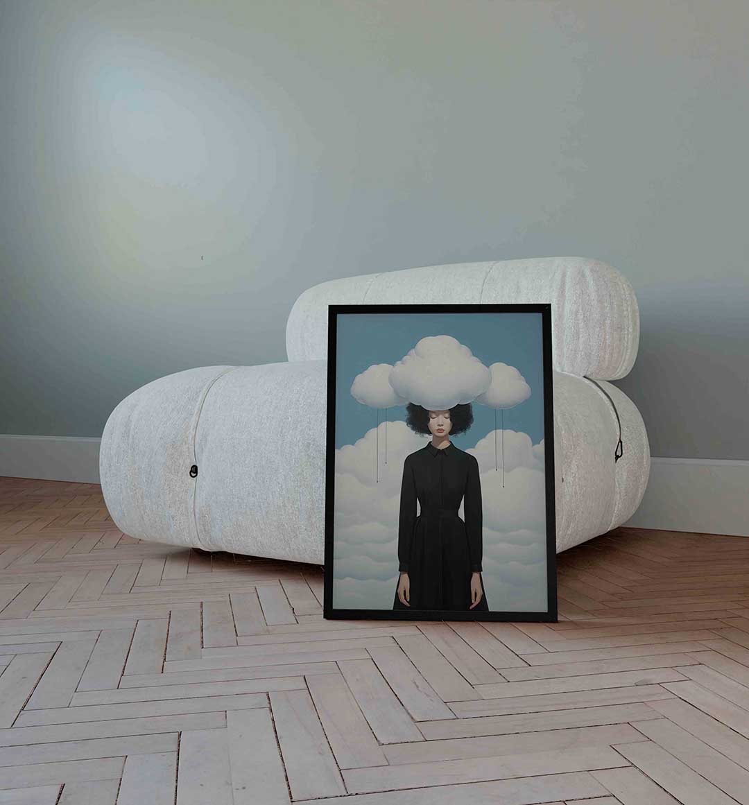 Vrouw met wolken – surrealistische wandkunst als portret poster