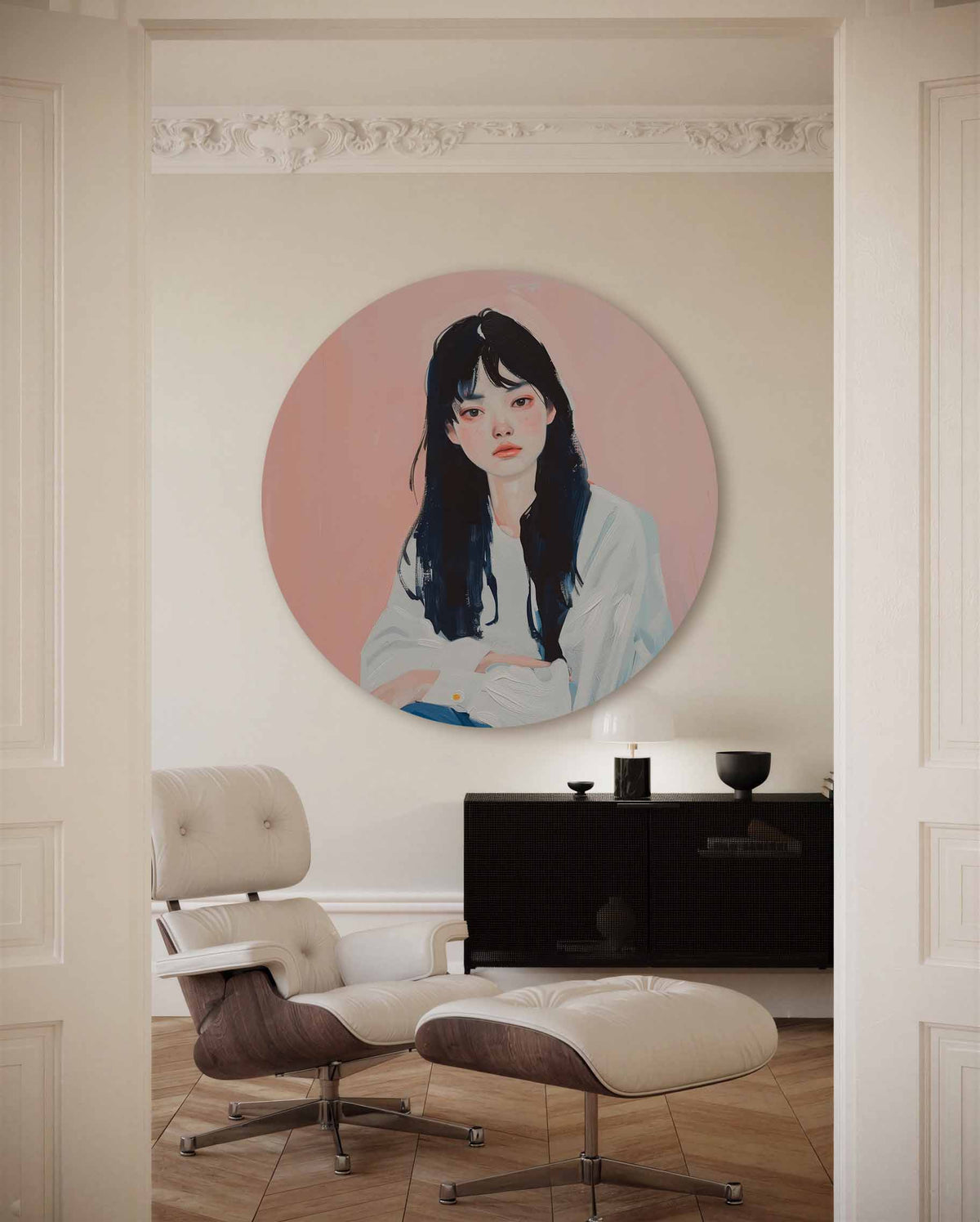 Portret met roze achtergrond – muurcirkel met kleur en vormen voor aan de muur