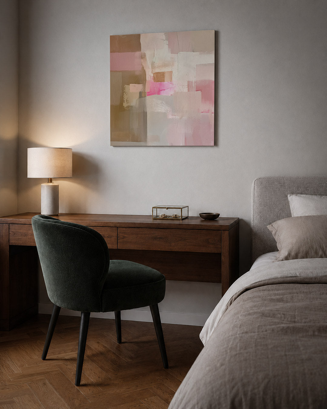 Zachte kleuren harmonie kunstwerk – sfeerbeeld – dit werk toont een samenspel van zachte tinten met rechthoekige vormen en
