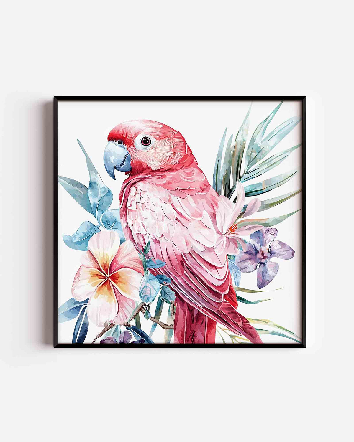 Papegaai en bloemen – vierkante dierenposter als wanddecoratie