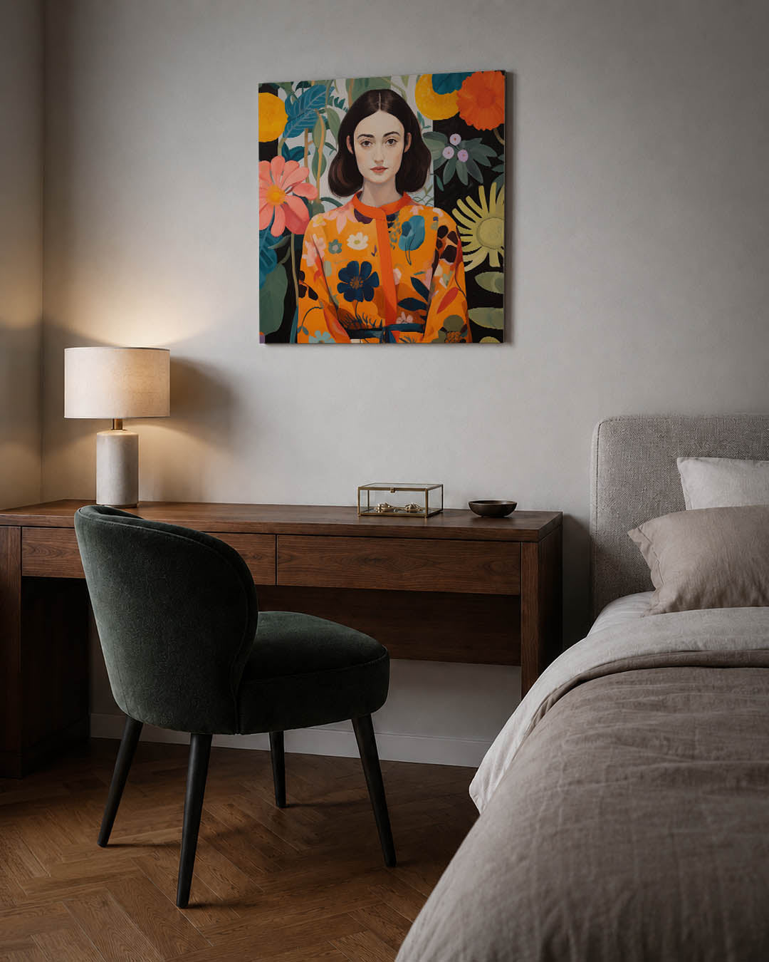 Vrouw met bloemen kunstwerk – sfeerbeeld – dit werk toont een vrouw omringd door kleurrijke bloemen. De levendige kleuren en