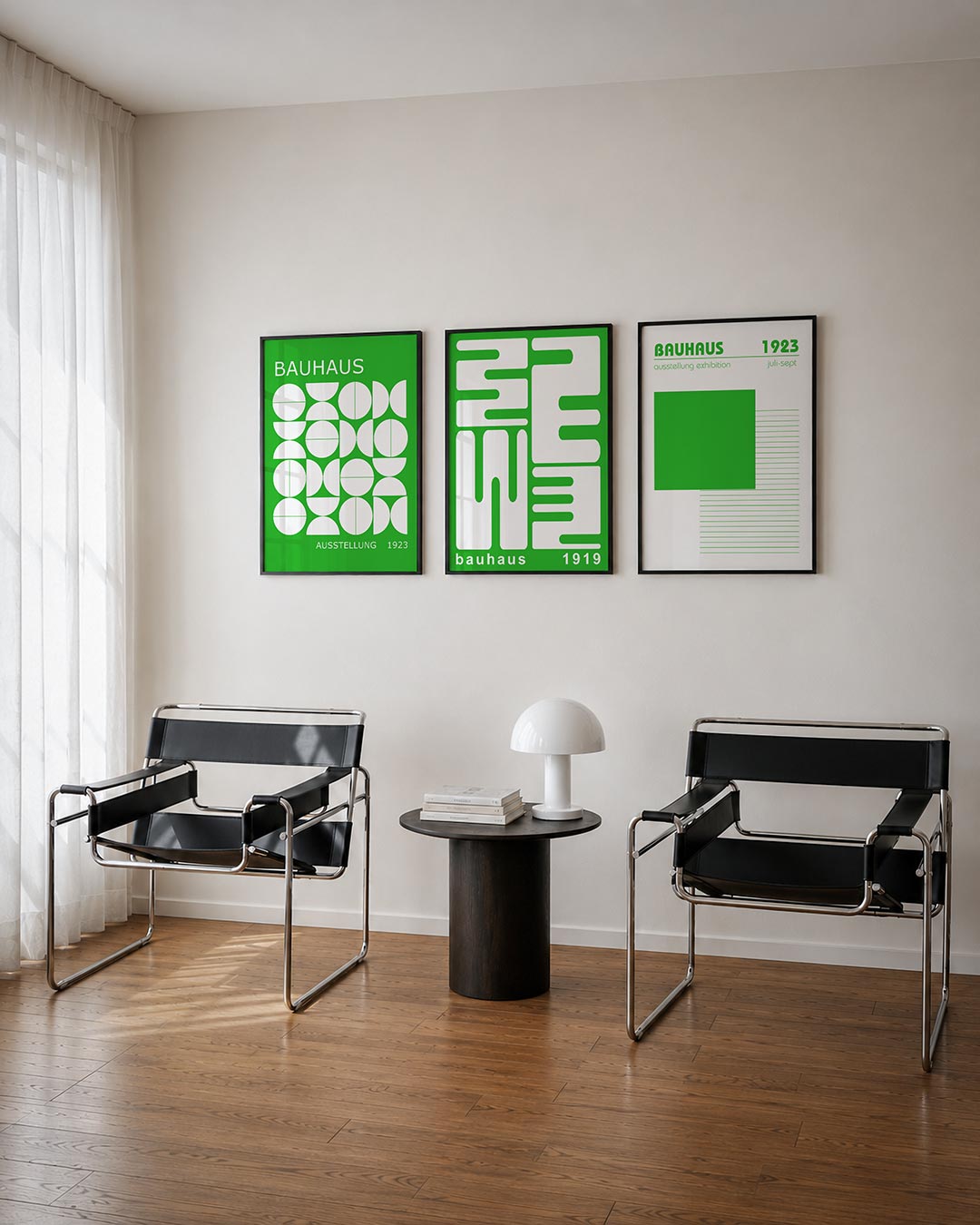 Vorm en kleur posterset – tweede productweergave – deze poster toont een levendig spel van witte geometrische vormen op een