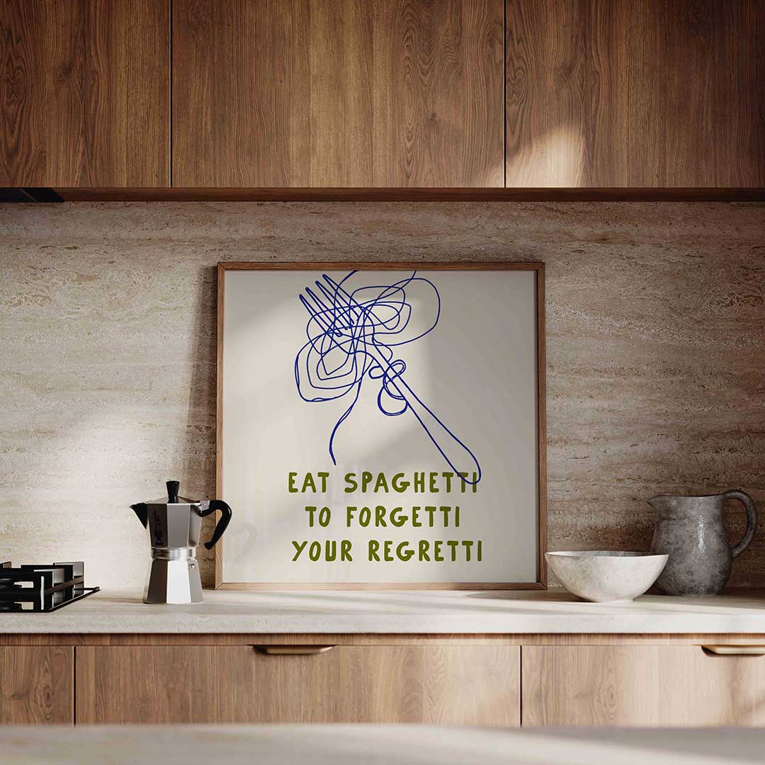 Spaghetti en vork – culinaire wandkunst als vierkante poster