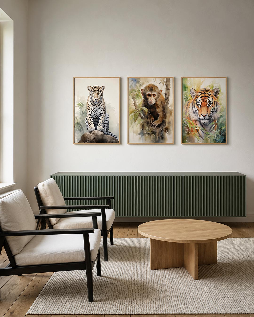 Natuurlijke elegantie posterset – tweede productweergave – een majestueuze luipaard zit op een rots, omringd door
