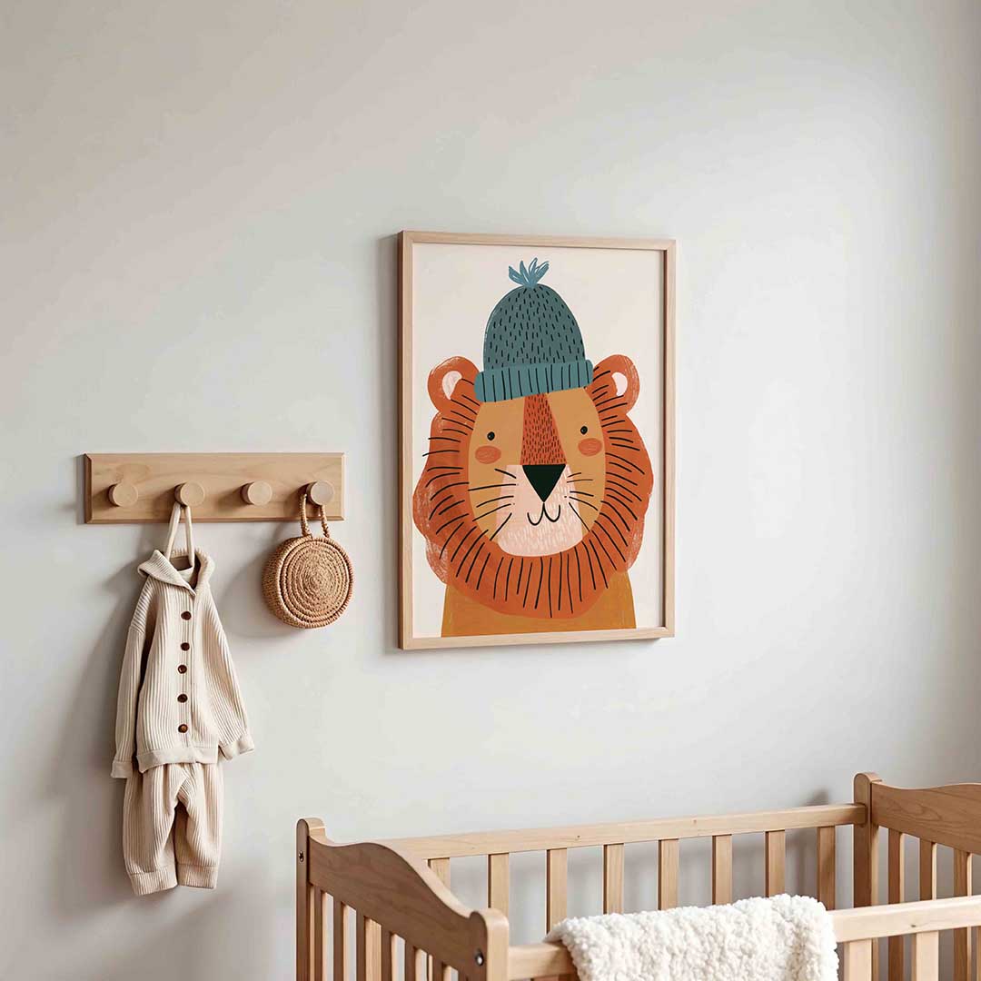 Leeuw met muts – kinderposter in staand formaat