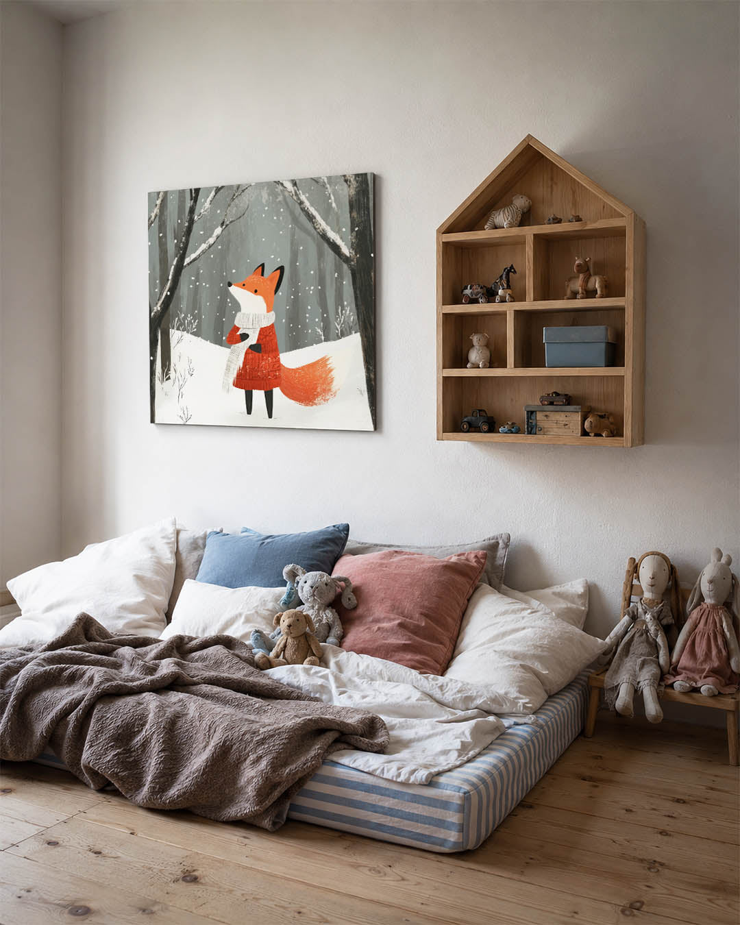 Dromerige wintervos kunstwerk – derde productweergave – een charmante vos in een winterlandschap, omgeven door besneeuwde