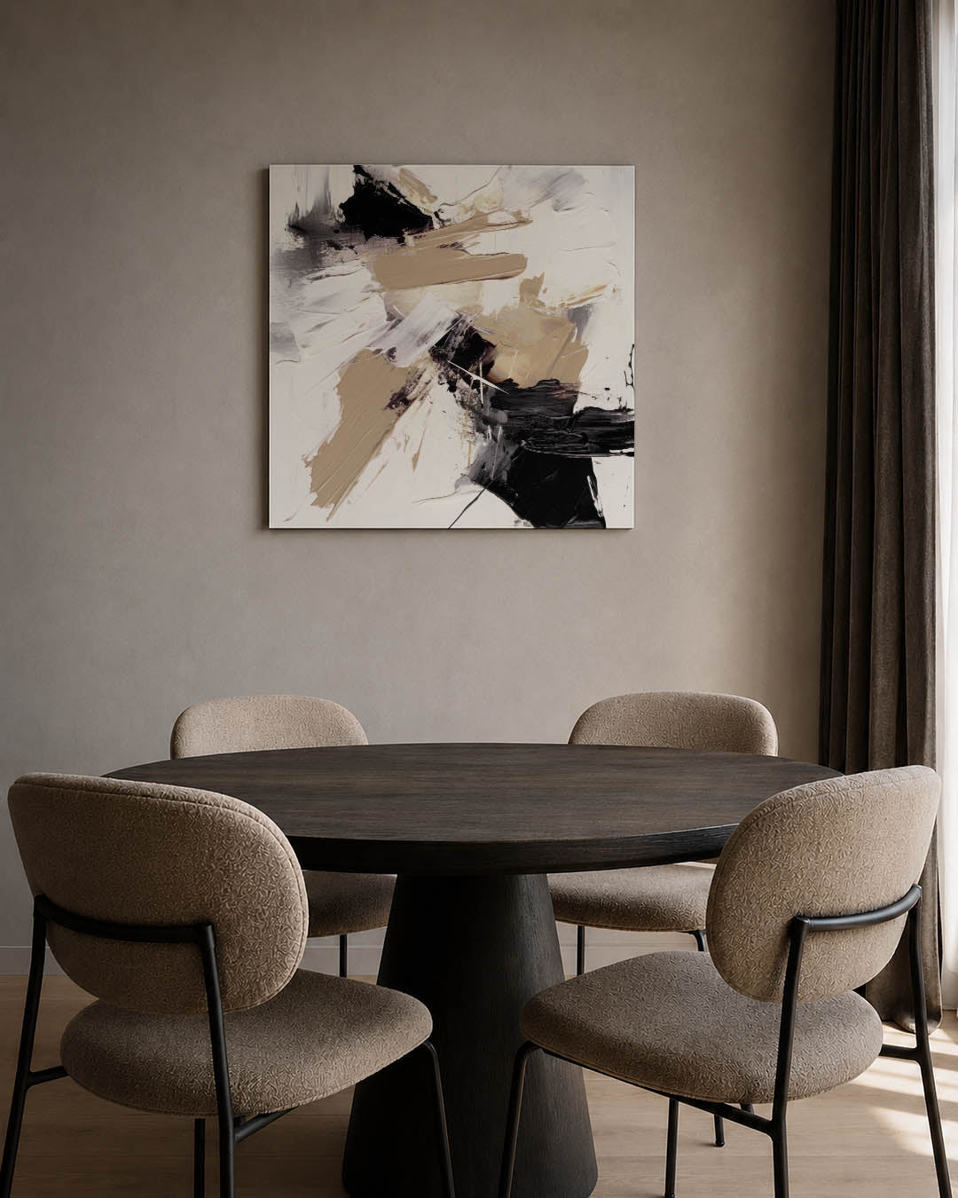 Dynamische kleurvlakken kunstwerk – tweede productweergave – dit werk toont een levendige mix van beige, zwart en wit. De