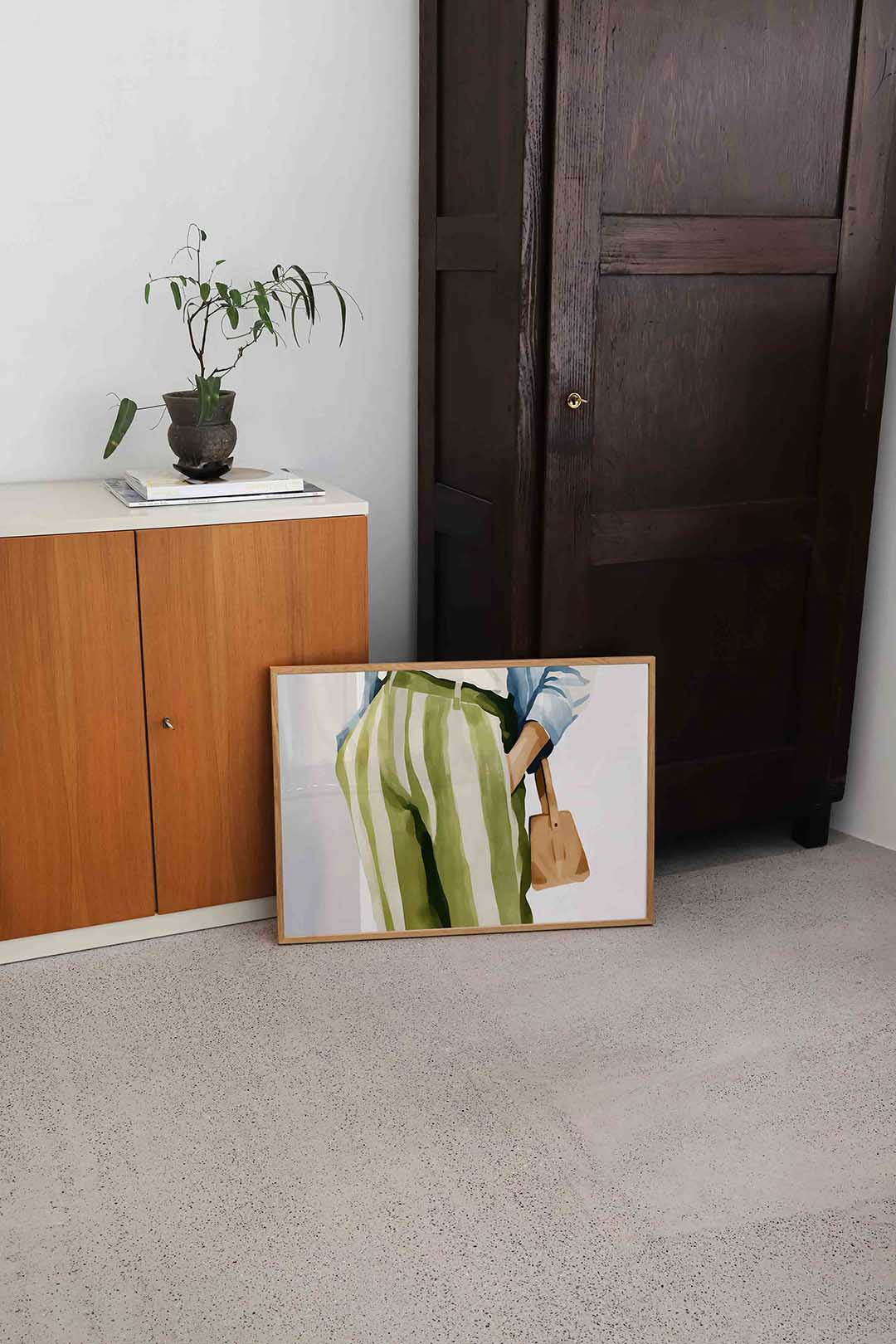 Gestreepte broek en tas – hedendaagse illustratie als liggende poster