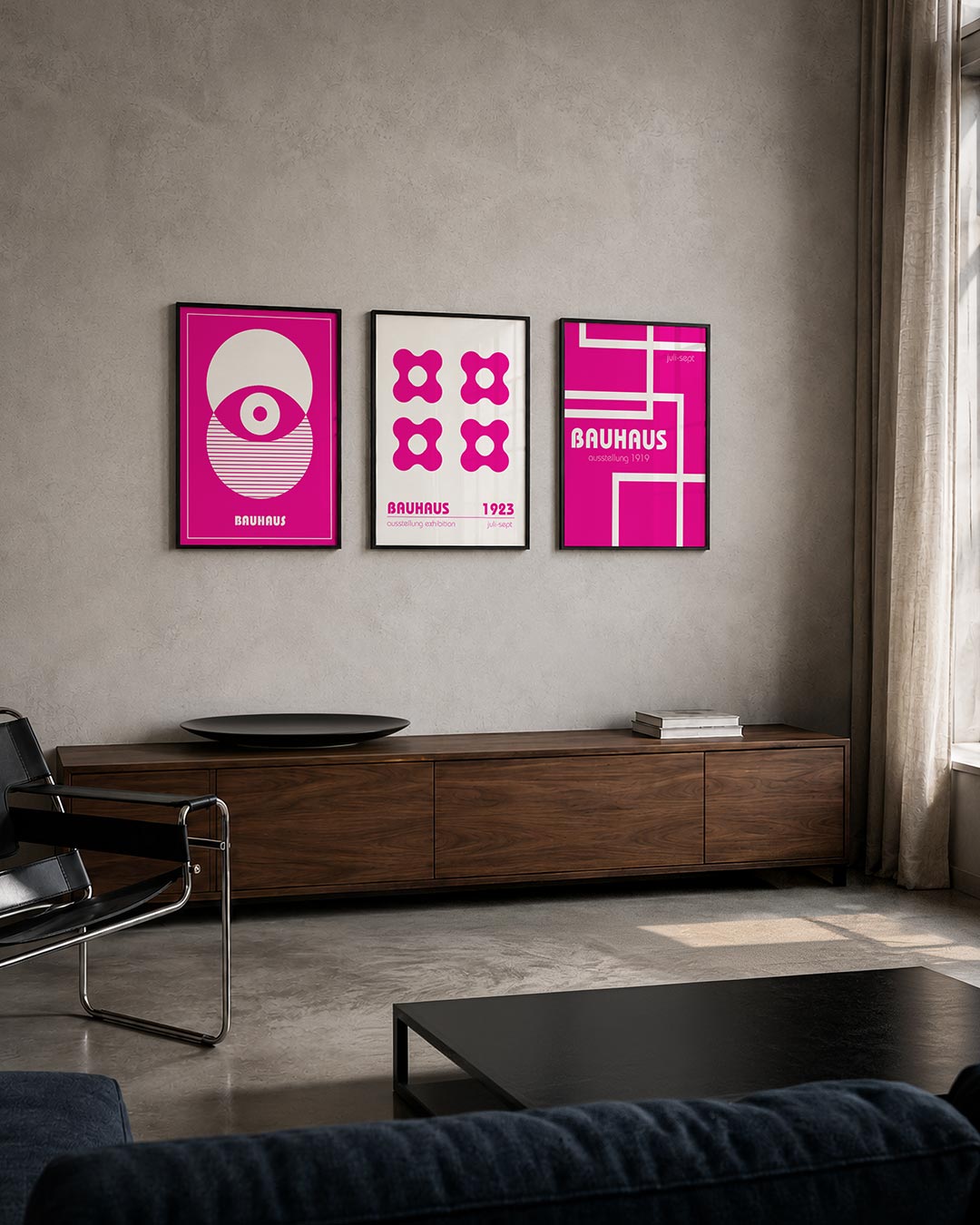 Cirkel en strepen driedelige posterset – deze posterset in drie delen toont een speelse balans van witte cirkels en