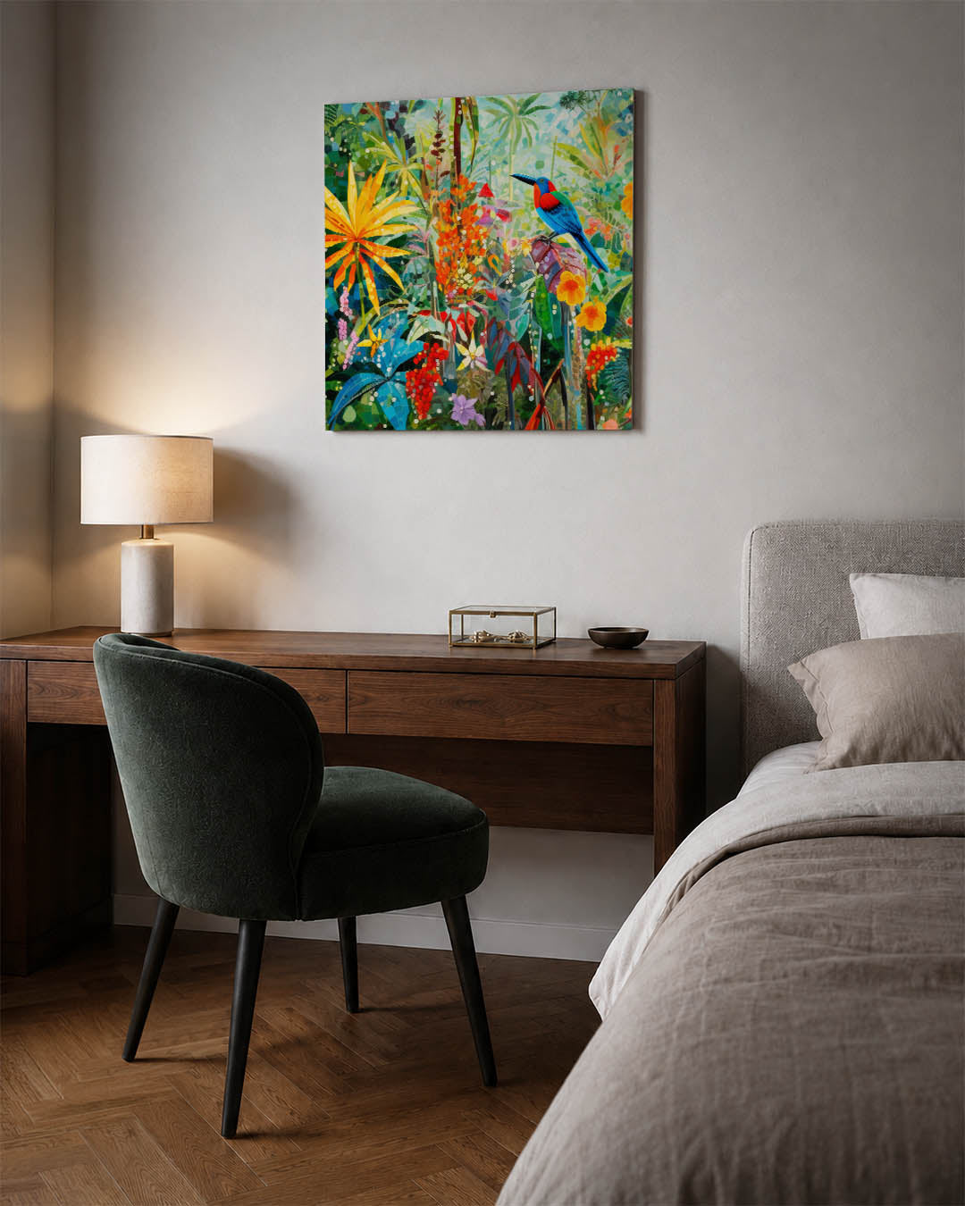 Vrolijke jungle scène kunstwerk – materiaalweergave – dit kunstwerk toont een kleurrijke jungle met een levendige vogel en