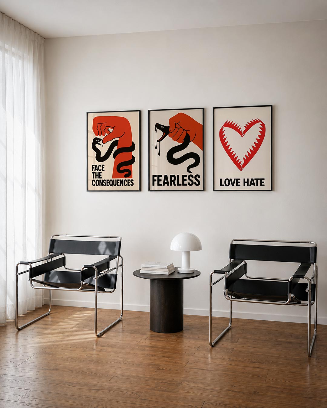 Krachtige confrontatie driedelige posterset – een rode hand en een zwarte slang vormen een dynamisch