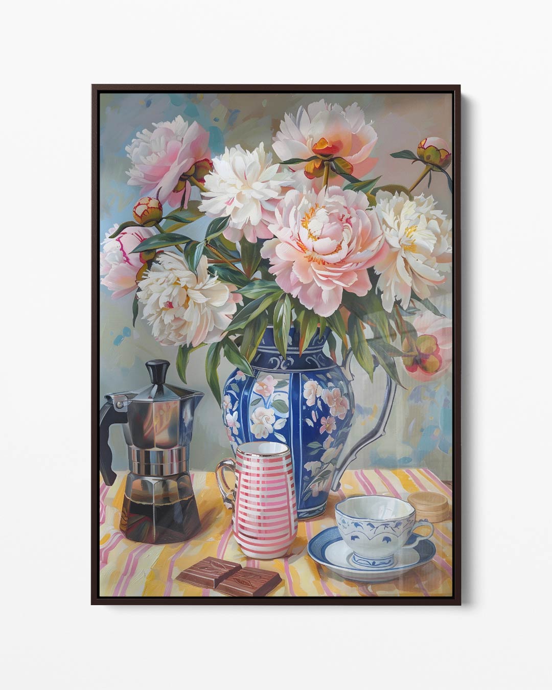 Pioenrozen en Koffie Genot – portret kunstwerk als wanddecoratie