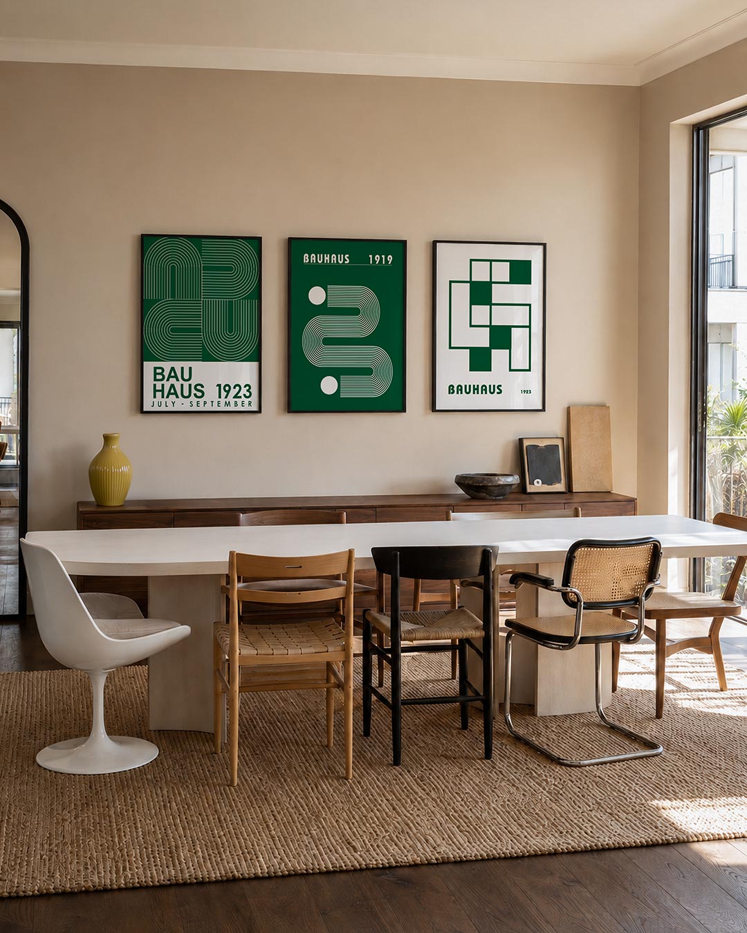 Lijnen en kleurvlakken posterset – tweede productweergave – deze posterset in drie delen toont een spel van gebogen en rechte