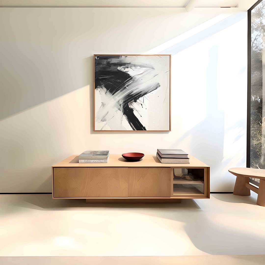 Abstracte zwart wit – vierkante zachte abstracte wanddecoratie van WallArtistic