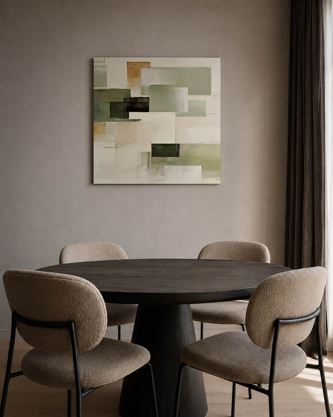 Geometrische vlakken kunstwerk – tweede productweergave – dit werk toont een compositie van rechthoekige vormen in zachte