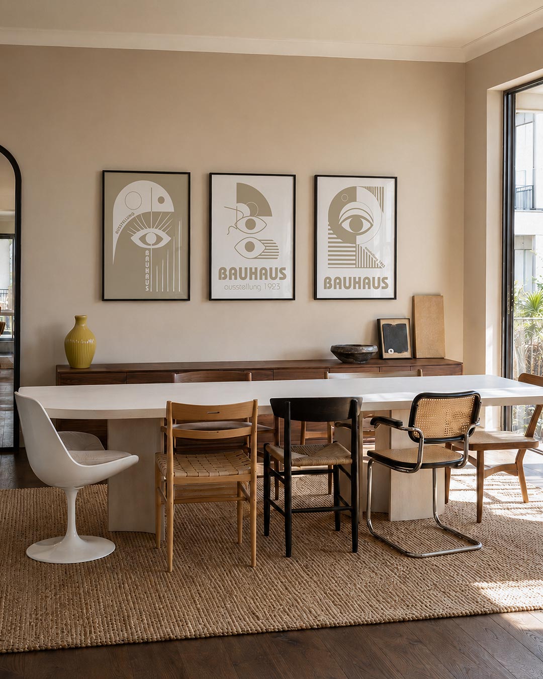 Oog en lijnen posterset – tweede productweergave – een beige achtergrond met witte vormen. Een centraal oog met stralen en