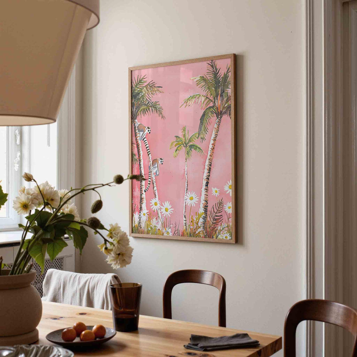 Lemuren en palmbomen – eigentijdse illustratie poster in staand formaat