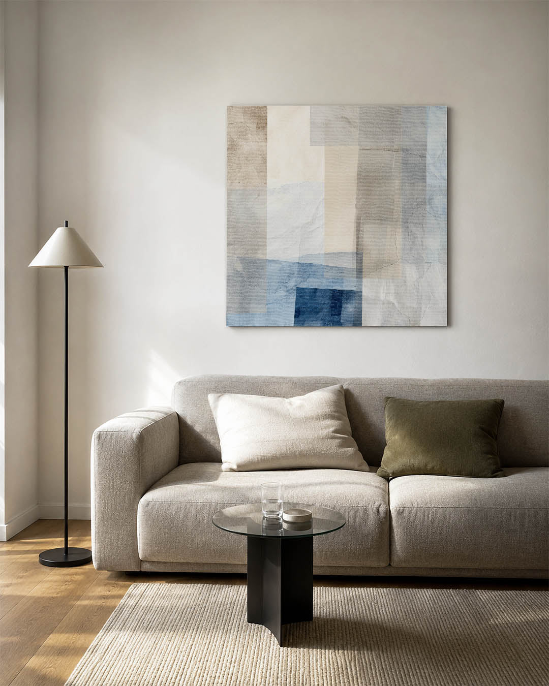 Gelaagde compositie kunstwerk – vierkante wanddecoratie – dit werk toont een harmonie van overlappende rechthoeken in zachte
