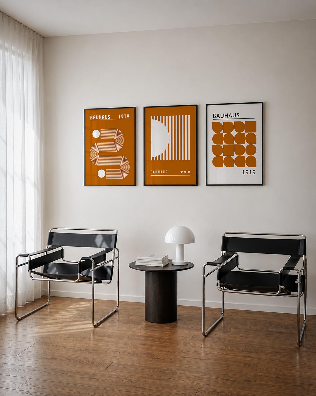 Lijnen en vormen driedelige posterset – deze posterset in drie delen toont een ritmisch lijnenspel met witte cirkels en