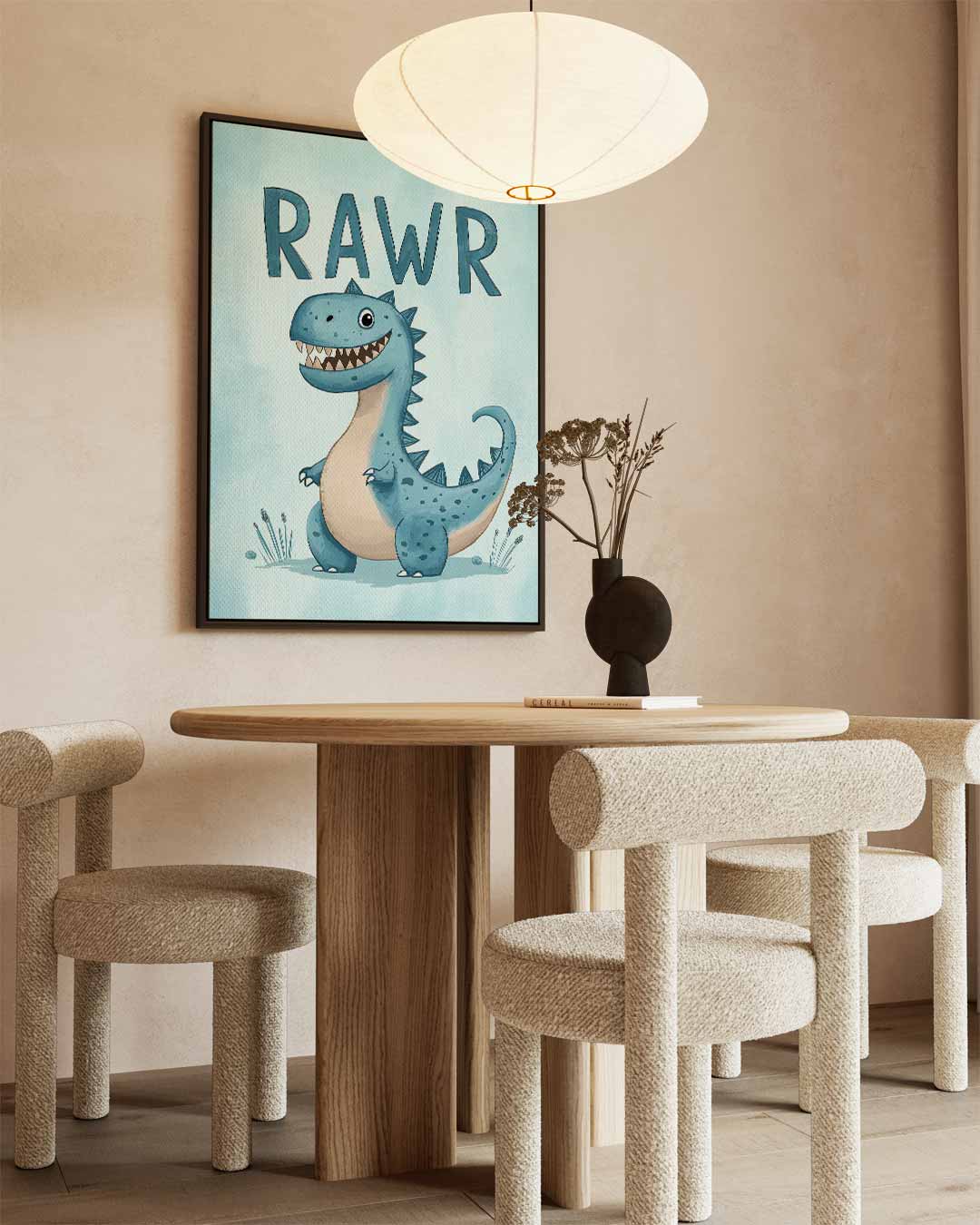 Speelse Dinosauruskunst voor Kinderen – kunstwerk met zwarte baklijst