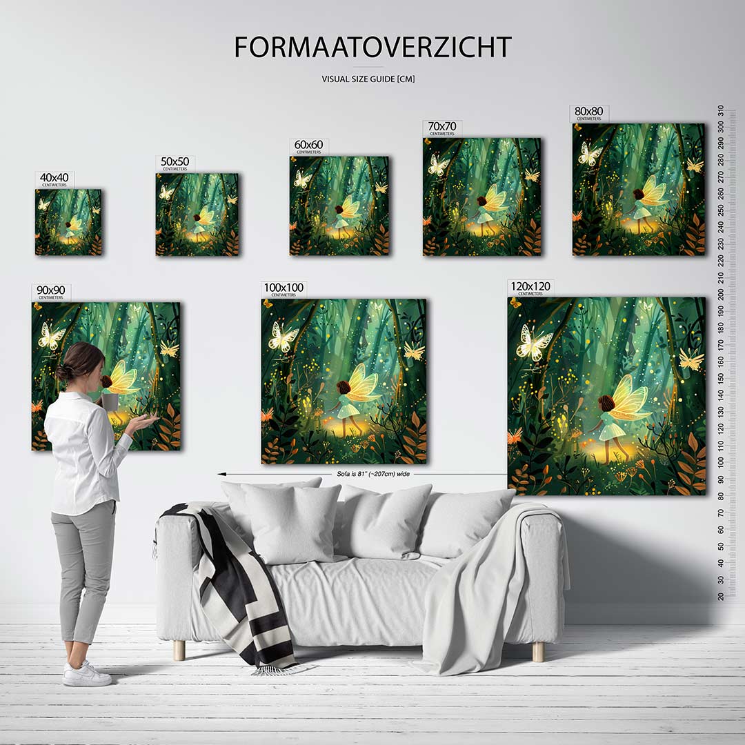 Sprookjesachtig bos kunstwerk – sfeerbeeld – een tafereel met een figuur in een verlicht bos, omringd door vlinders en