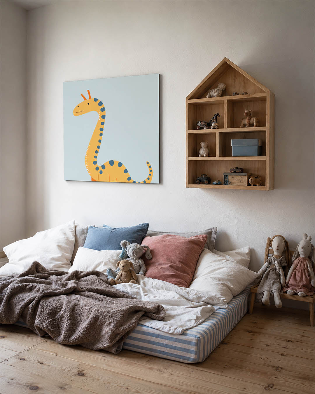 Speelse dinosaurus illustratie kunstwerk – derde productweergave – dit kunstwerk toont een vrolijke dinosaurus met een lange