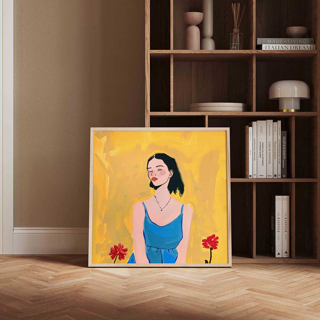 Vrouw in blauwe jurk – kleurrijke vierkante wanddecoratie van WallArtistic