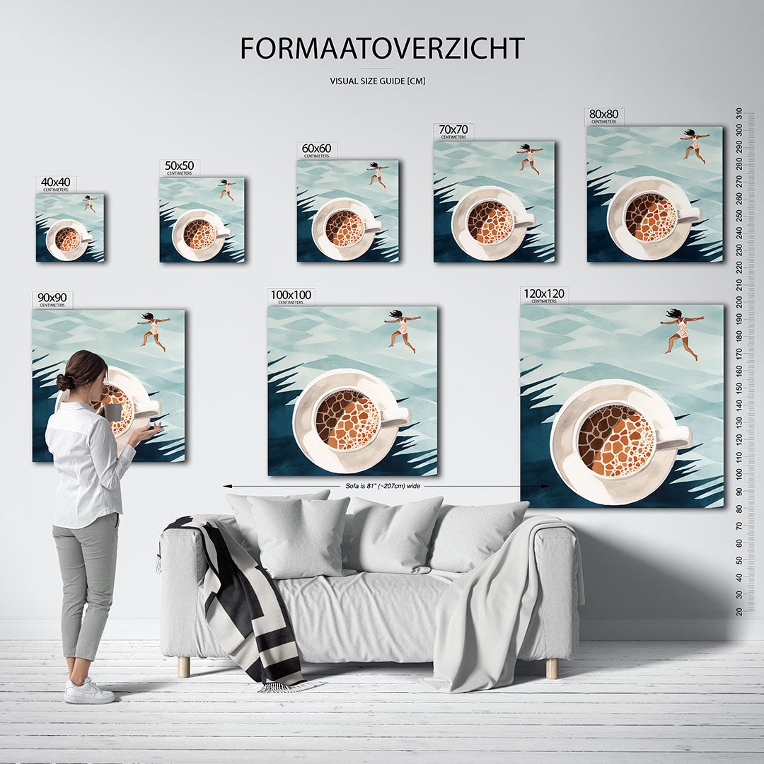 Droomachtige sprong kunstwerk – sfeerbeeld – dit kunstwerk toont een vrouw die boven een kop koffie zweeft, met een patroon