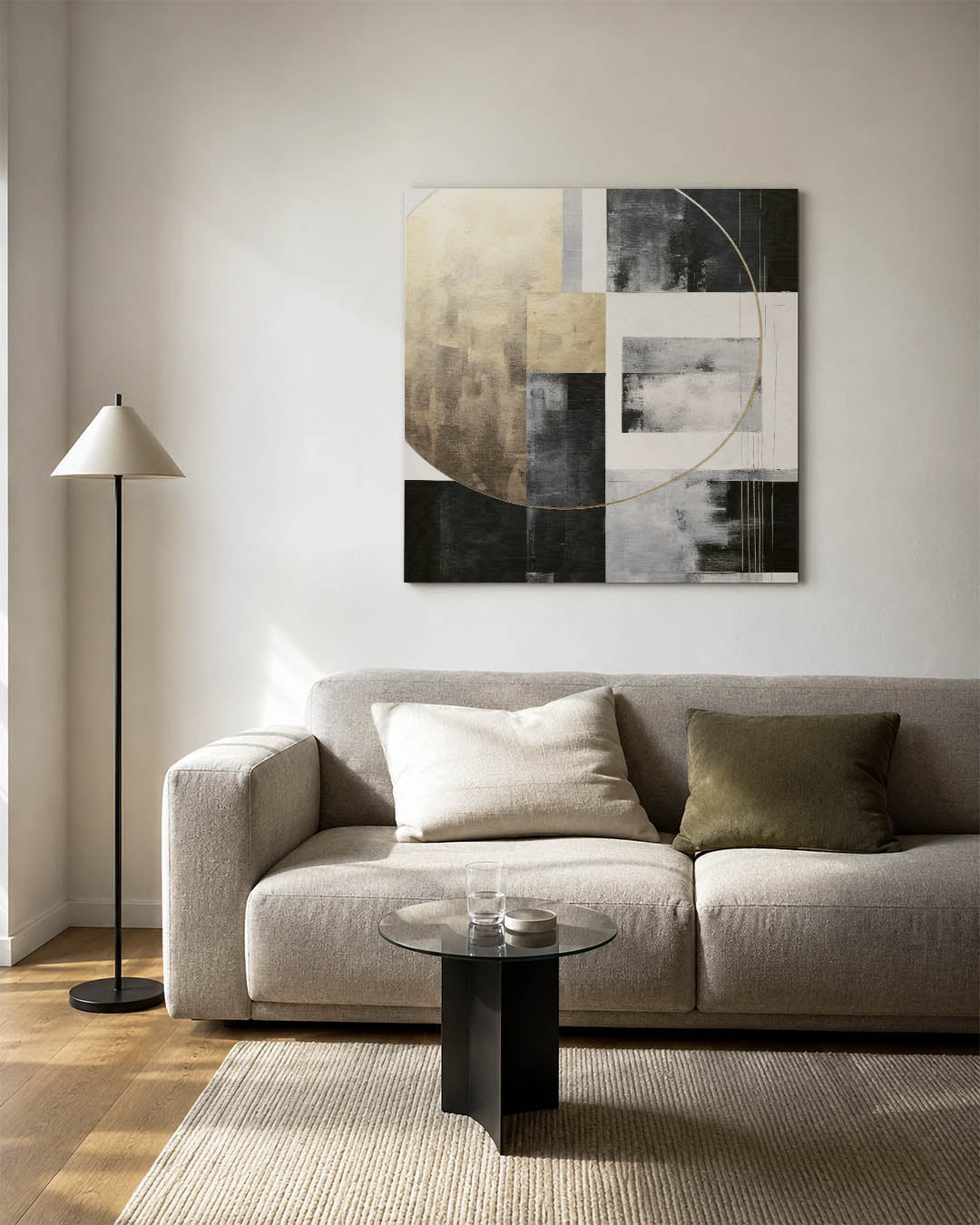 Geometrische vormen compositie kunstwerk – vierkante wanddecoratie – dit werk toont een dynamische compositie van