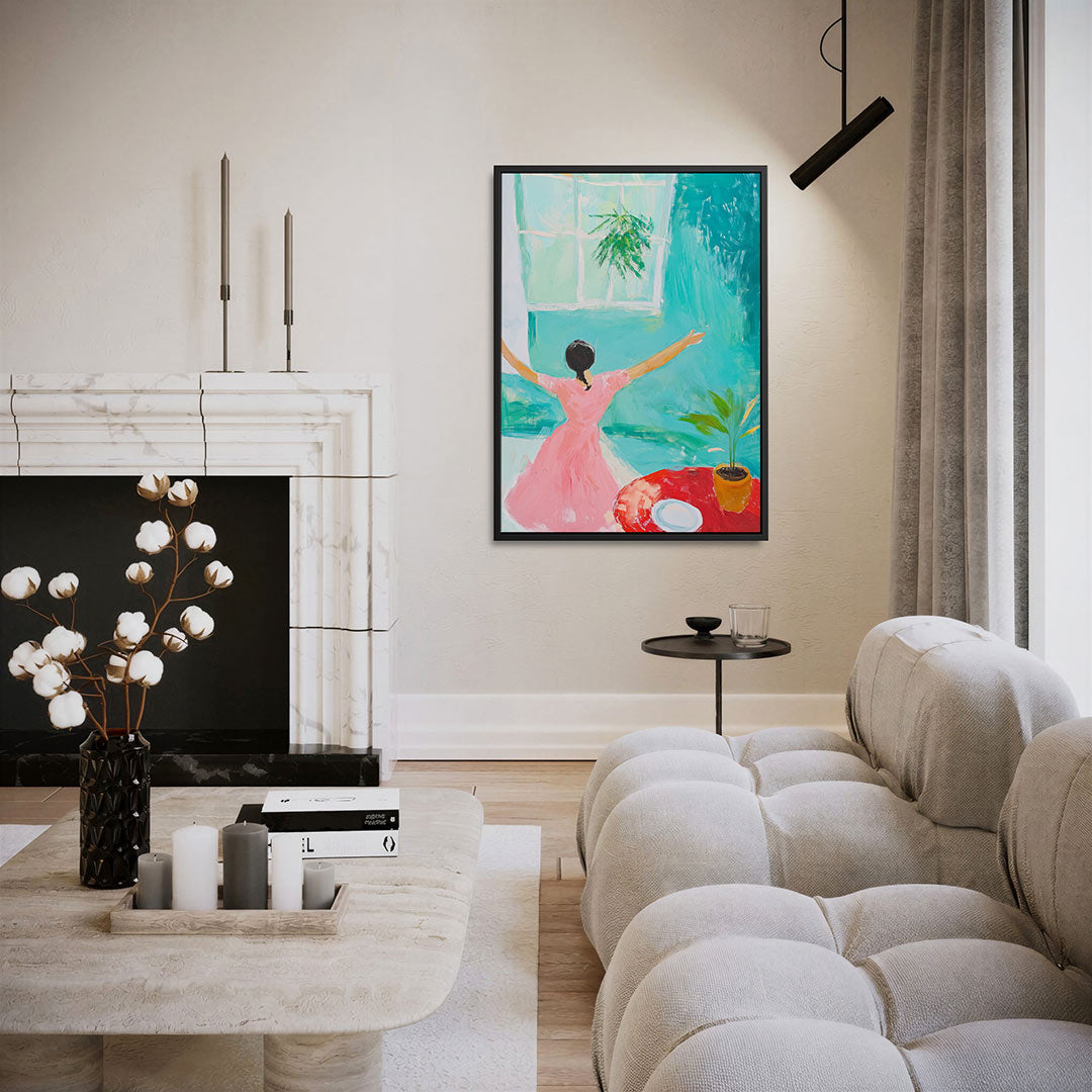 Vrolijke interieur scène – staand wanddecoratie kunstwerk