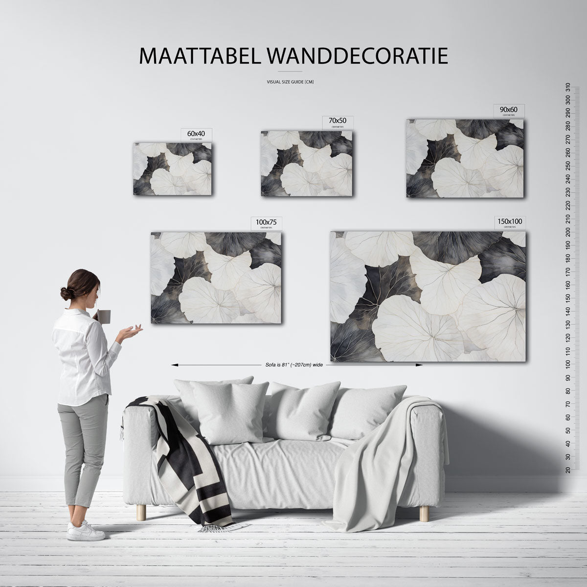 Bladpatroon in zwart wit – moderne liggende wandkunst