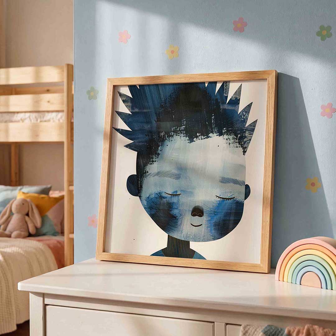 Blauw gezicht – speelse wandkunst als vierkante kinderposter