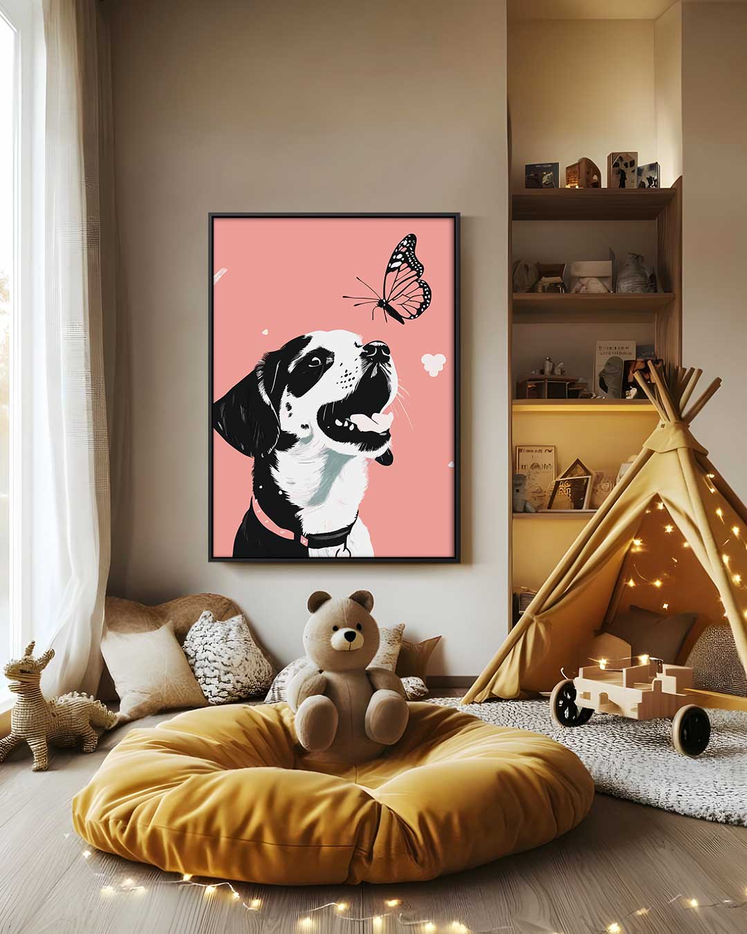 Vrolijke Puppy Met Vlinder – canvas wanddecoratie in portret formaat