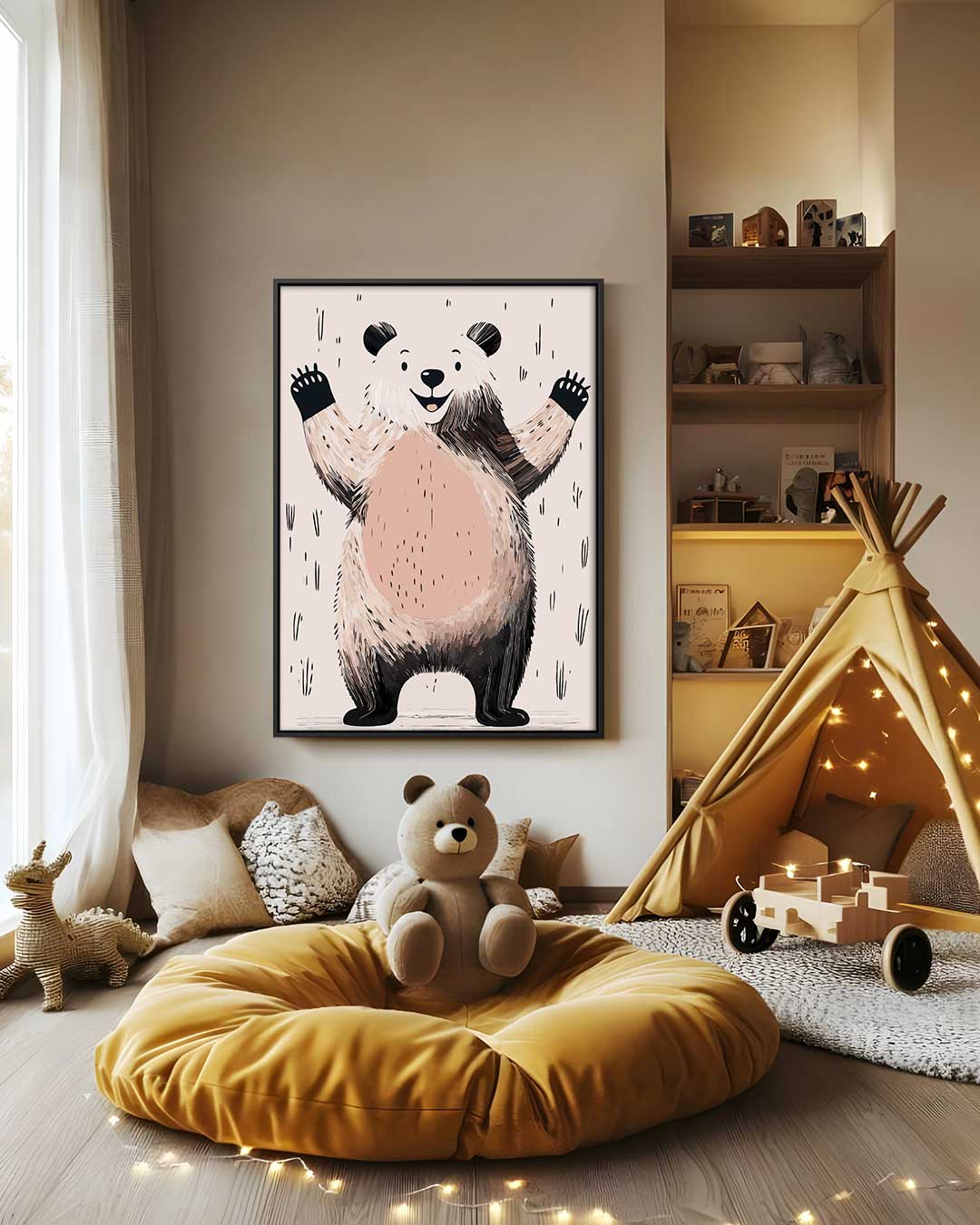 Vrolijke Panda Illustratie – modern portret kunstwerk van WallArtistic