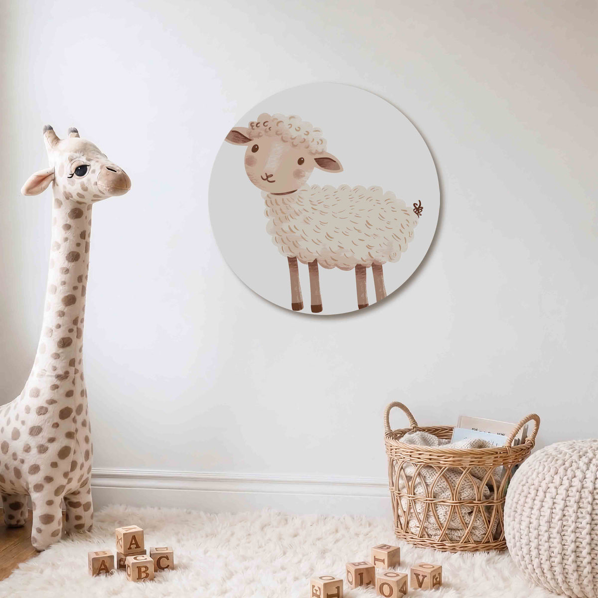 Schattig schaap Muurcirkel – Een vriendelijk schaap in zachte beige en bruine tinten.