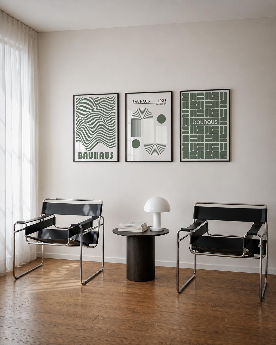 Golvend lijnenspel posterset – tweede productweergave – deze posterset in drie delen toont vloeiende lijnen in een ritmisch