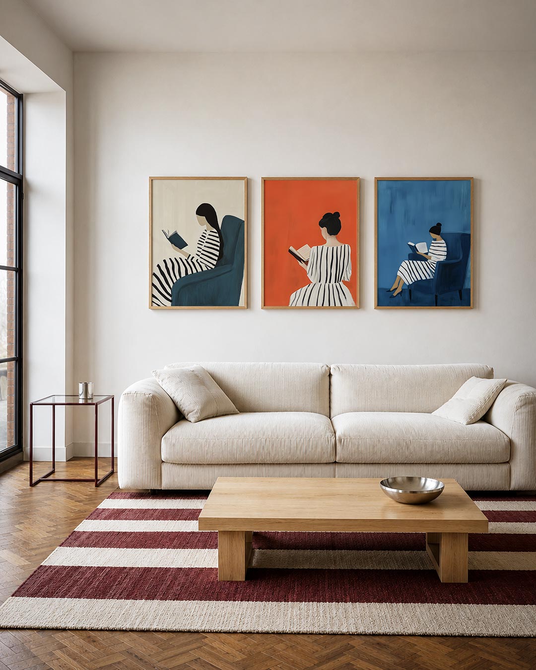 Gestreepte rust driedelige posterset – een vrouw leest in een comfortabele stoel