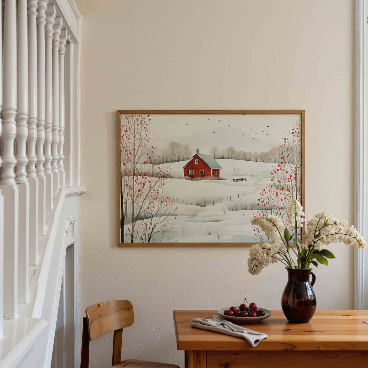 Winterlandschap met rood huis – liggende illustratie poster als wanddecoratie