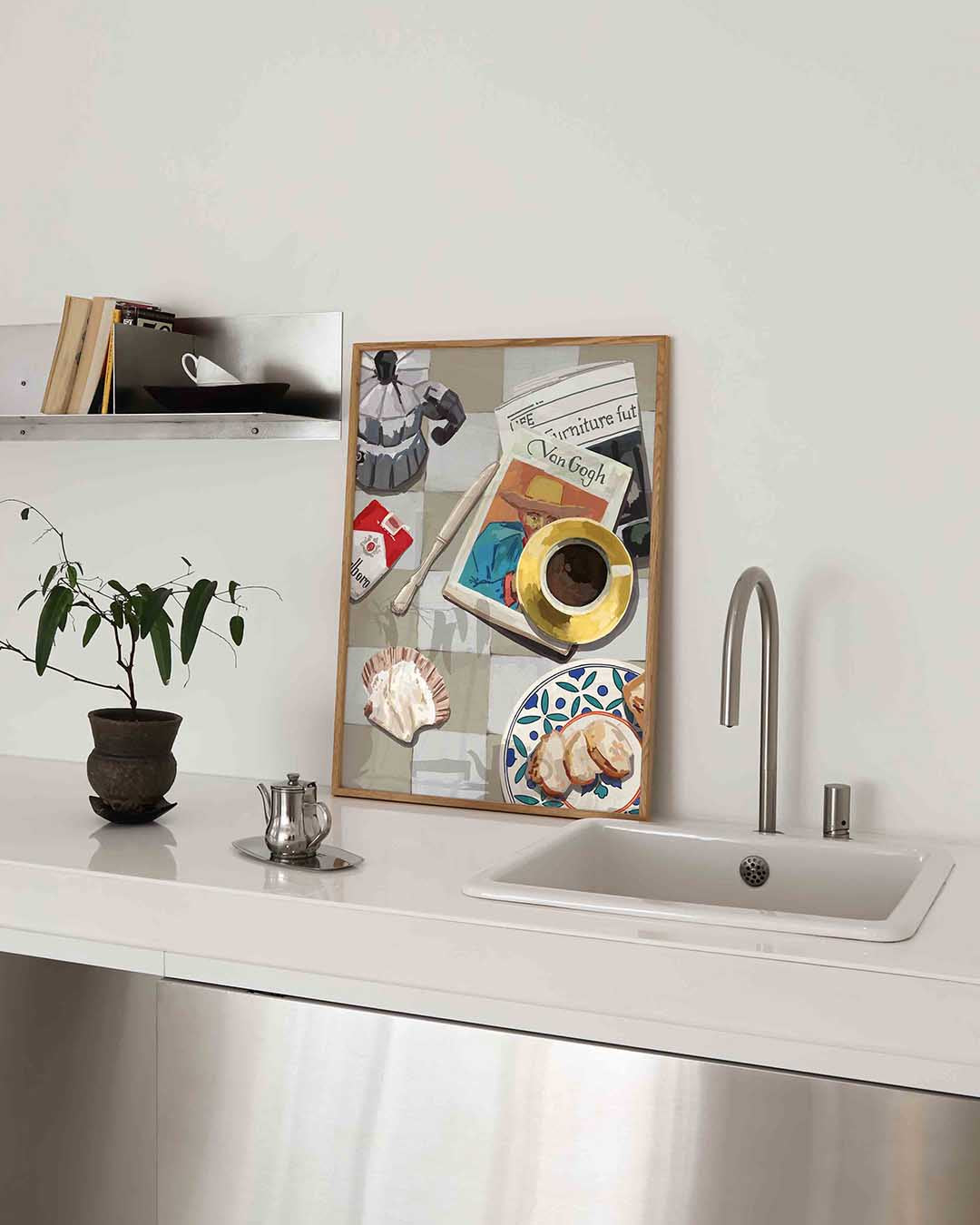 Ontbijttafel met krant – keukenposter in staand formaat