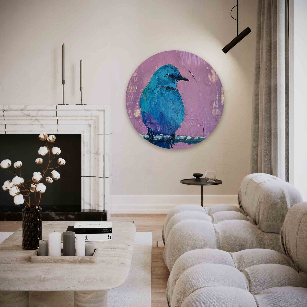 Blauwe vogel – vrouwelijk portret muurcirkel als wanddecoratie