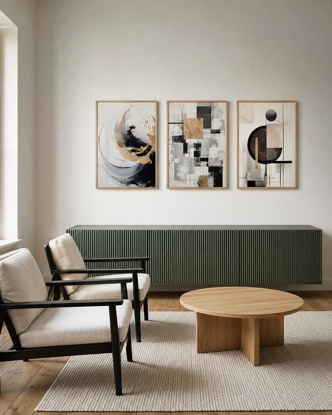 Gouden vortex posterset – derde productweergave – deze compositie toont een dynamisch spel van zwart, wit en