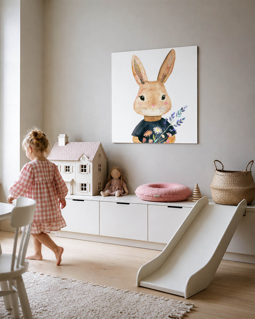 Vrolijke konijn illustratie kunstwerk – tweede productweergave – dit toont een schattig konijn met grote oren en een