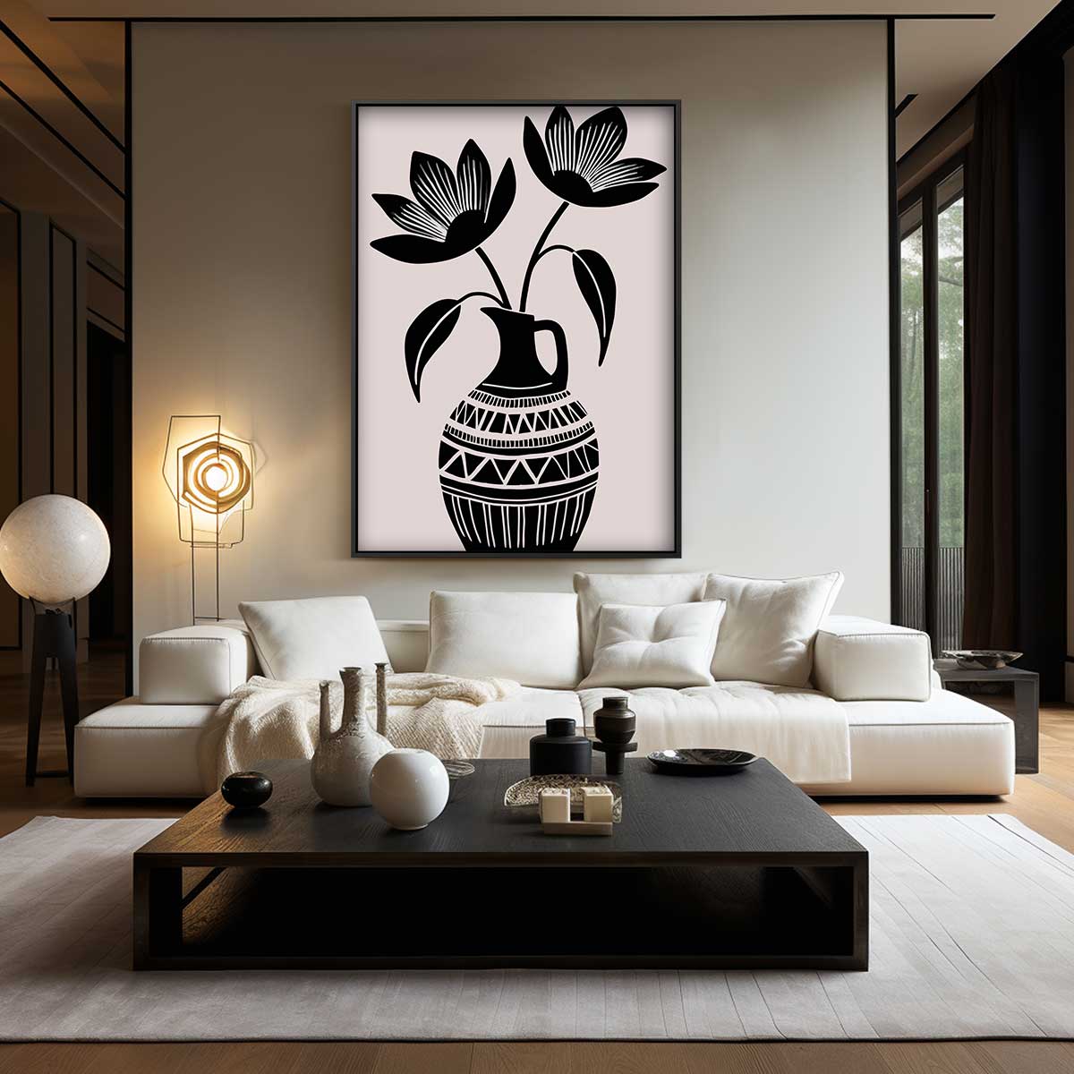 Zwart-Wit Bloemenvazen Kunst – dibond wanddecoratie in staand formaat