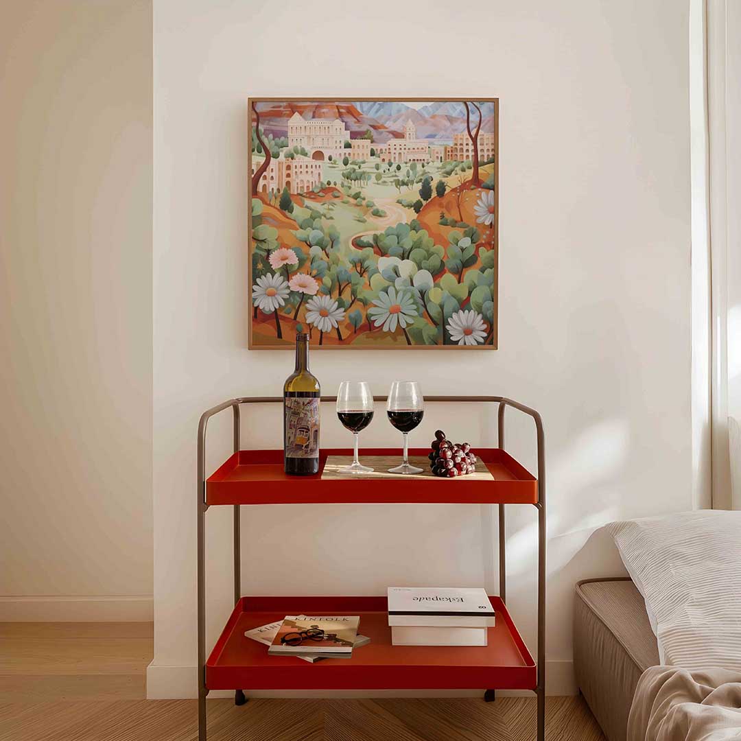 Landschap met gebouwen – vierkante keuken wanddecoratie van WallArtistic