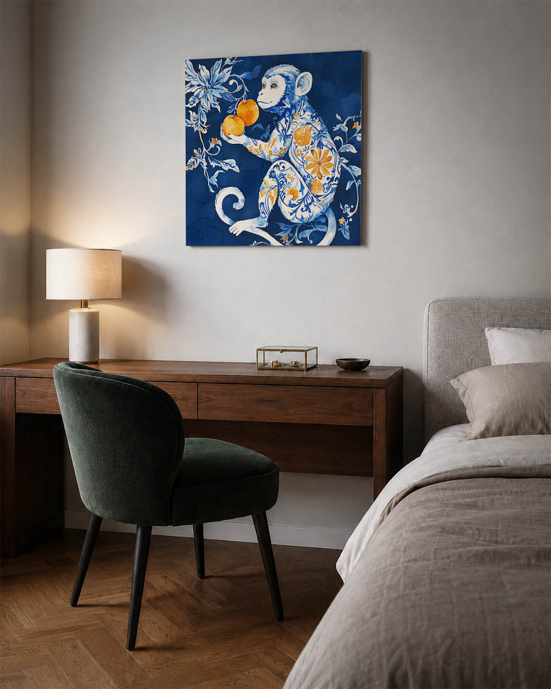 Fantasierijke aap kunstwerk – materiaalweergave – dit kunstwerk toont een gedetailleerde aap met sierlijke patronen in blauw