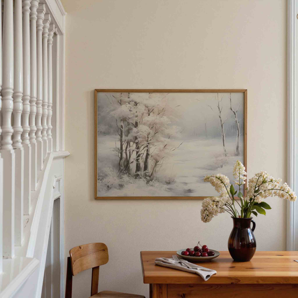 Sneeuwlandschap met bomen – liggende illustratie poster als wanddecoratie