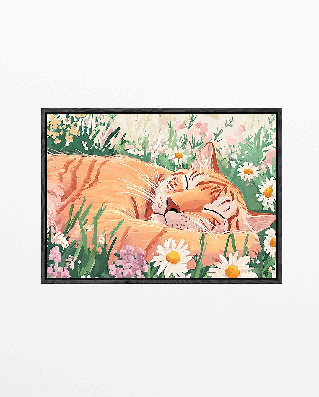 Slapende kat in bloemenveld – Oranje – liggend dieren kunstwerk