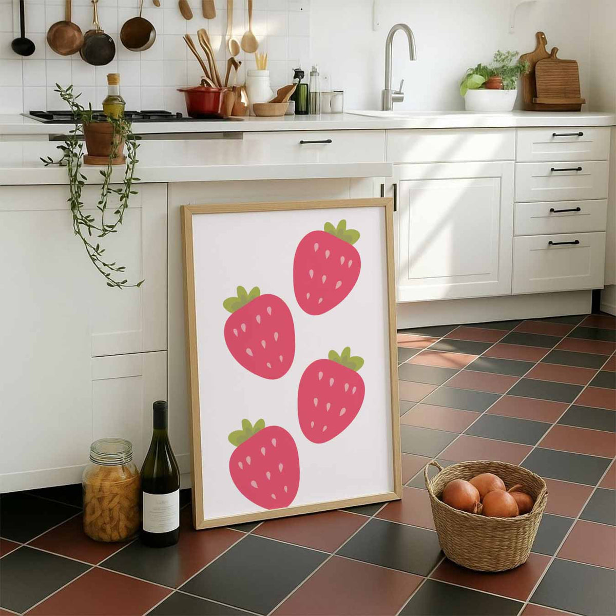 Vrolijke Aardbeienspeelsheid – staande muurposter voor keuken of eethoek