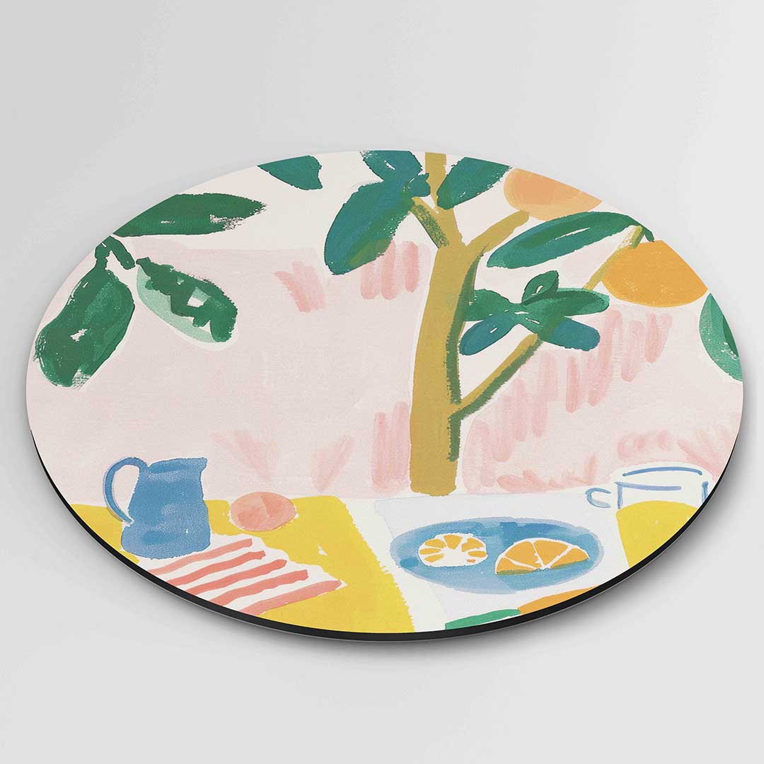 Citrus en tafel – kleurrijke ronde wanddecoratie van WallArtistic